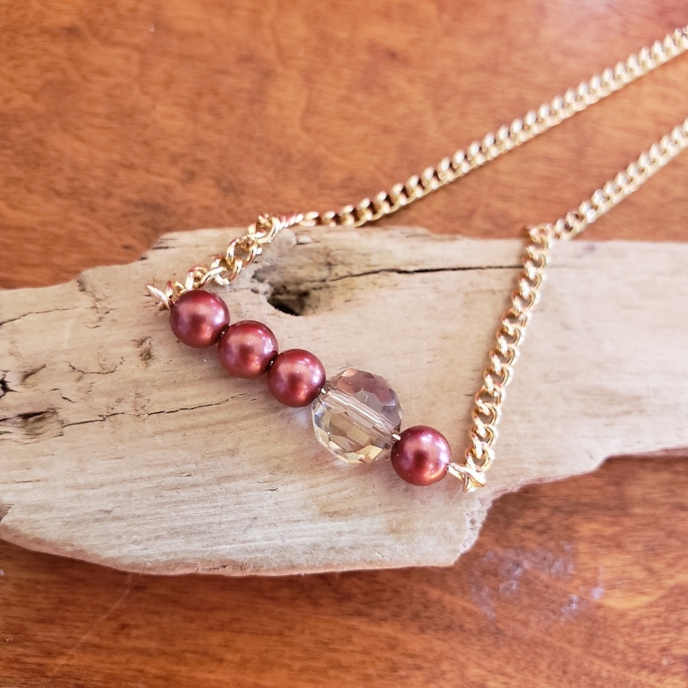 Handmade Dainty Clear Glass Bead Necklace 16" Gold Chain Minimalist